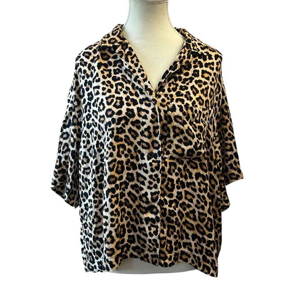 H & M Button up Leopard Print Crop Top Women’s Size Large Grunge Punk Glam - Picture 1 of 7